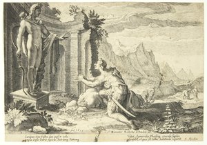 Cadmo pregunta al oráculo en Delfos dónde puede encontrar a su hermana Europa de Hendrick Goltzius