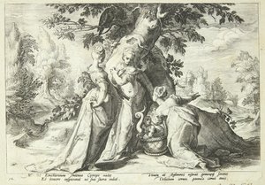 Las hijas de Cécrope abren la cesta confiada a ellas por Minerva de Hendrick Goltzius
