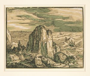 paisaje con acantilado en la orilla del mar de Hendrick Goltzius