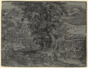 Paisaje con una pareja sentada y un pastor, lámina 2 de la serie "Cuatro paisajes pequeños" de Hendrick Goltzius