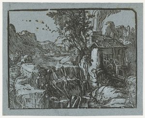 paisaje con cascada Cuatro pequeños paisajes (título de serie) de Hendrick Goltzius