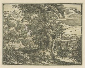 Paisaje con pareja sentada Cuatro pequeños paisajes (título de serie) de Hendrick Goltzius