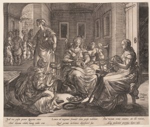 Lucrecia y sus mujeres hilando, de La historia de Lucrecia de Hendrick Goltzius