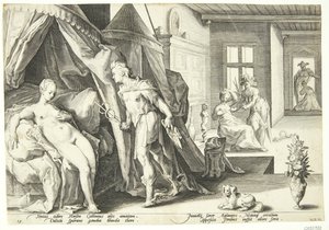 Mercurio entra en la habitación de Herse después de convertir a Agraulos en piedra de Hendrick Goltzius