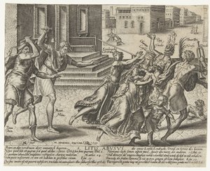 Los míos y los tuyos ahuyentan la Unidad, el Amor, la Paz y el Temor de Dios Litis abusus (título sobre objeto) Abuso de litigios (título de la serie) de Hendrick Goltzius