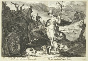 Minerva ordena a la envidia llenar el corazón de Agraulos de celos de Hendrick Goltzius
