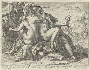 Justicia y Prudencia (Justitia / Prudentia) Las virtudes unidas (título de la serie) de Hendrick Goltzius