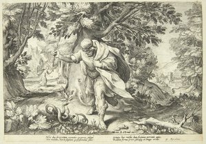 Tiresias golpea dos serpientes apareándose con su bastón de Hendrick Goltzius