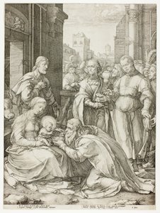 La Adoración de los Magos, lámina cinco de El Nacimiento y la Vida Temprana de Cristo de Hendrick Goltzius