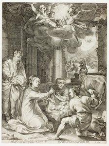 La adoración de los pastores, lámina tres de El nacimiento y la vida temprana de Cristo de Hendrick Goltzius