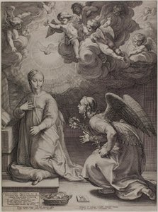La Anunciación, placa uno de El nacimiento y la vida temprana de Cristo de Hendrick Goltzius
