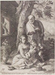 La Sagrada Familia con el niño Juan el Bautista, lámina seis de El nacimiento y la vida temprana de Cristo de Hendrick Goltzius