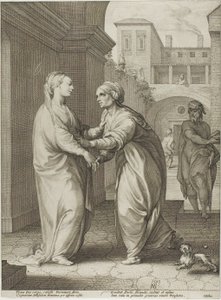 La Visitación, lámina dos de El nacimiento y los primeros años de la vida de Cristo de Hendrick Goltzius