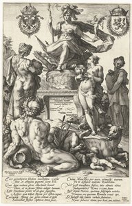Impresión de título para la serie impresa Los héroes romanos Roma (título sobre objeto) Los héroes romanos (título de la serie) de Hendrick Goltzius