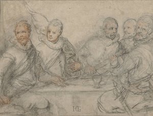 Cinco oficiales, estudiando para una comida de la milicia. de Hendrick Goltzius
