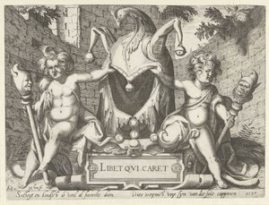Dos amorcillos con capucha de tonto Libet qui caret (título sobre objeto) de Hendrick Hondius (I)
