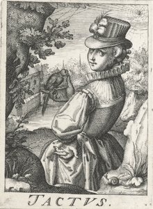 Feeling (Tactus), una mujer con un pájaro Tactus (título sobre objeto) Los cinco sentidos (título de la serie) de Hendrick Hondius (rejected attribution)