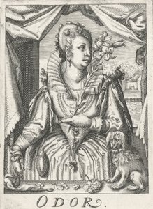 Olor (Olor), una mujer con una rama de flor Olor (título sobre el objeto) Los cinco sentidos (título de la serie) de Hendrick Hondius (rejected attribution)