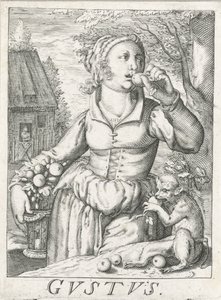 Gusto (Gustus), una mujer con frutas Gustus (título sobre el objeto) Los cinco sentidos (título de la serie) de Hendrick Hondius (rejected attribution)