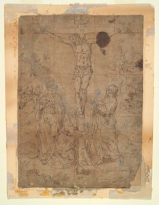 Cristo en la Cruz Entre la Virgen y San Juan con Escenas de la Pasión al Fondo de Hendrick de Clerck