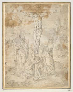 Cristo en la Cruz entre la Virgen y San Juan con Escenas de la Pasión al fondo de Hendrick de Clerck
