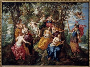 Visita de Minerva a las Musas Pintura de Hendrick de Clerk (1570-1629) (ec.flam.) Siglo XVII Chalons Sur Marne. Museo de Bellas Artes de Hendrick de Clerk