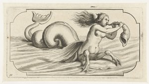 Una figura femenina sopla sobre una concha Nouveau Livre des Dieux et Deeßes De la Marine Bouckje of Sea Gods and Goddesses (título de la serie) de Hendrick de Keyser (I)