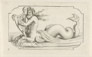 Tritón tocando un arpa Nouveau Livre des Dieux et Deeßes De la Marine Bouckje of Sea Gods and Goddesses (título de la serie) de Hendrick de Keyser (I)
