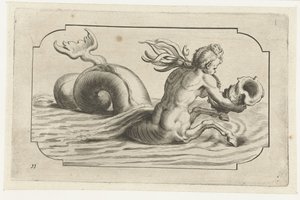 Caballito de mar con la parte superior del cuerpo masculino Nouveau Livre des Dieux et Deeßes De la Marine Bouckje of Sea Gods and Goddesses (título de la serie) de Hendrick de Keyser (I)
