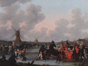 Un paisaje invernal con numerosos trineos tirados por caballos sobre el hielo de Hendrick de Meijer
