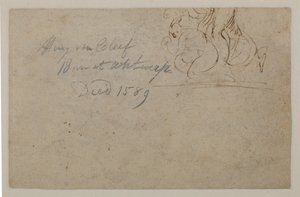 Anotación de una mano posterior. Boceto de una figura agachada y un caballo encabritado, ?, siglo XVI
