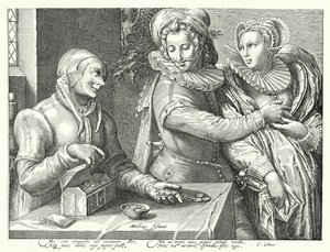 Un joven eligiendo el amor a la belleza en lugar de la riqueza de Hendrik (after) Goltzius