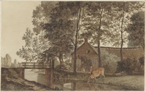 Granja con una vaca bebedora en la calle Biltstraat de Utrecht de Hendrik Abraham Klinkhamer