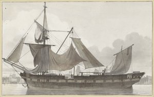 Tres mástiles con aparejo de emergencia, entrando en un puerto con vientos débiles
Barco de vela visto de lado, en un puerto de Hendrik Abraham Klinkhamer