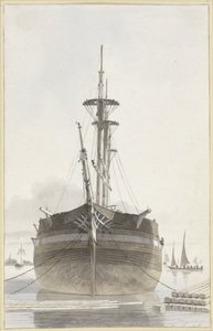Barco de vela visto de frente en un puerto de madera de Hendrik Abraham Klinkhamer