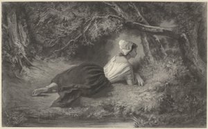 Chica, tumbada bajo los árboles cerca de un agua de Hendrik Adriaan Christiaan Dekker