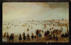 Patinadores, jugadores de golf, damas elegantes y caballeros en aguas inundadas congeladas cerca de Broederpoort en Kampen de Hendrik Avercamp