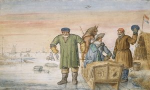 Dos ancianos junto a un trineo con los escudos de armas de Ámsterdam y Utrecht, 1620-33