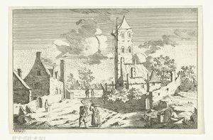 Vista del pueblo con casas y torre en un camino de arena con figuras de Hendrik Berg