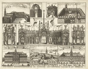 Blad conoció a tien voorsetningen van de intocht van de Kardinaal Infant Ferdinand te Antwerpen, 1635 Muestras de los lugares y obras más magníficos de la ciudad de Amberes (título sobre el objeto) de Hendrik Causé