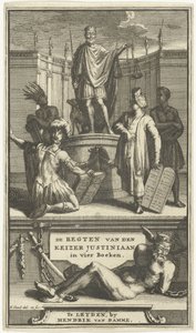 Portada de Los derechos del emperador Justiniano, Leiden, 1705 las REGLAS del EMPERADOR JUSTINIANO en cuatro libros (título sobre el objeto)