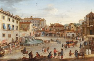 Roma, vista del Palacio Barberini con numerosas figuras (óleo sobre cobre)