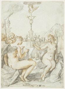 Alegoría sobre el arte del dibujo con el emblema del artista, 1612 de Hendrik Goltzius