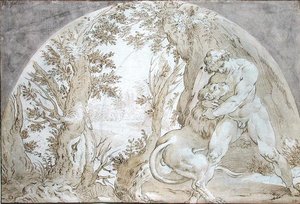 Hércules y el león de Nemea de Hendrik Goltzius