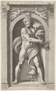 Plutón, en el reverso bocetos de una figura, cuatro cabezas y una columna, 1592 de Hendrik Goltzius