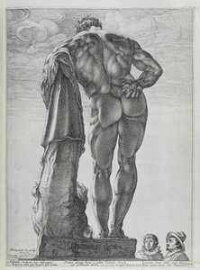 Vista trasera del Hércules Farnesio (grabado en cobre) de Hendrik Goltzius