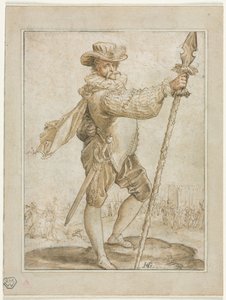 Oficial de pie sosteniendo una lanza de jabalí, 1586 de Hendrik Goltzius