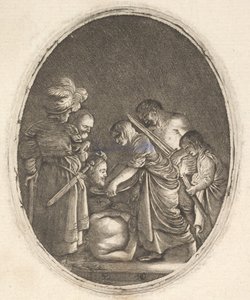 Salomé recibiendo la cabeza de Juan el Bautista, rodeada de tres hombres y un niño, ca. 1610 de Hendrik Goudt