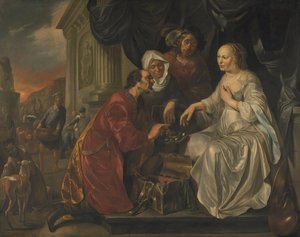 Rebeca recibe regalos del criado de Abraham de Hendrik Heerschop
