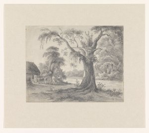 Paisaje con un árbol y una choza con un caballo y un carruaje y dos figuras de Hendrik Huygens (signed by artist)